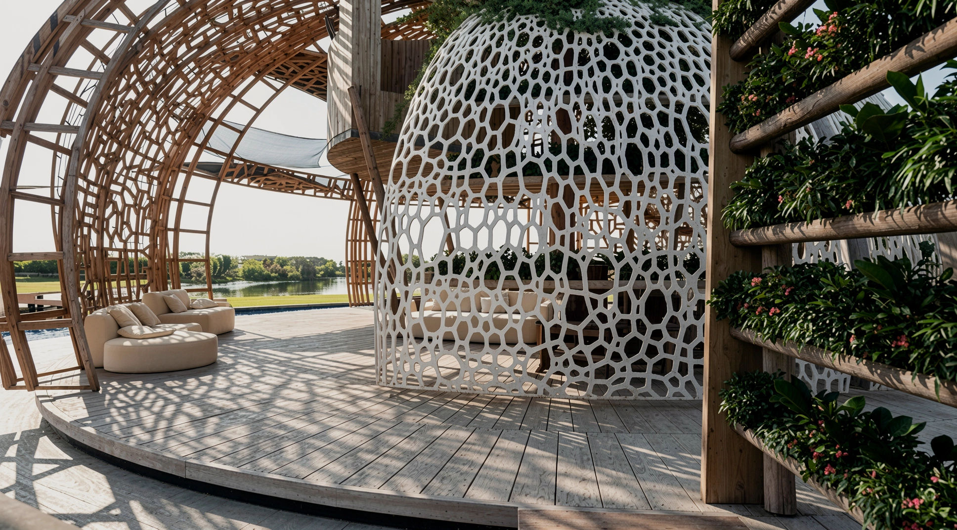 Outdoor lounge pavilion with timber lattice structure, white perforated screen and planted wall