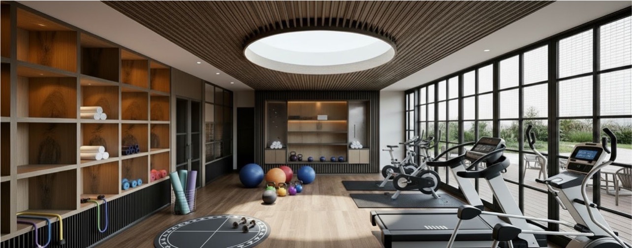 Las Lomas House, Austin TX · Full design · Render — home gym with wood ceiling and skylight