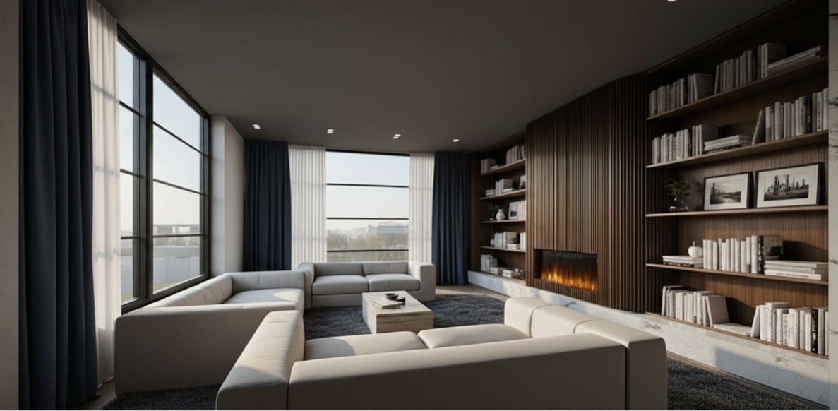 Las Lomas House, Austin TX · Full design · Render — living room with fireplace and built-in library