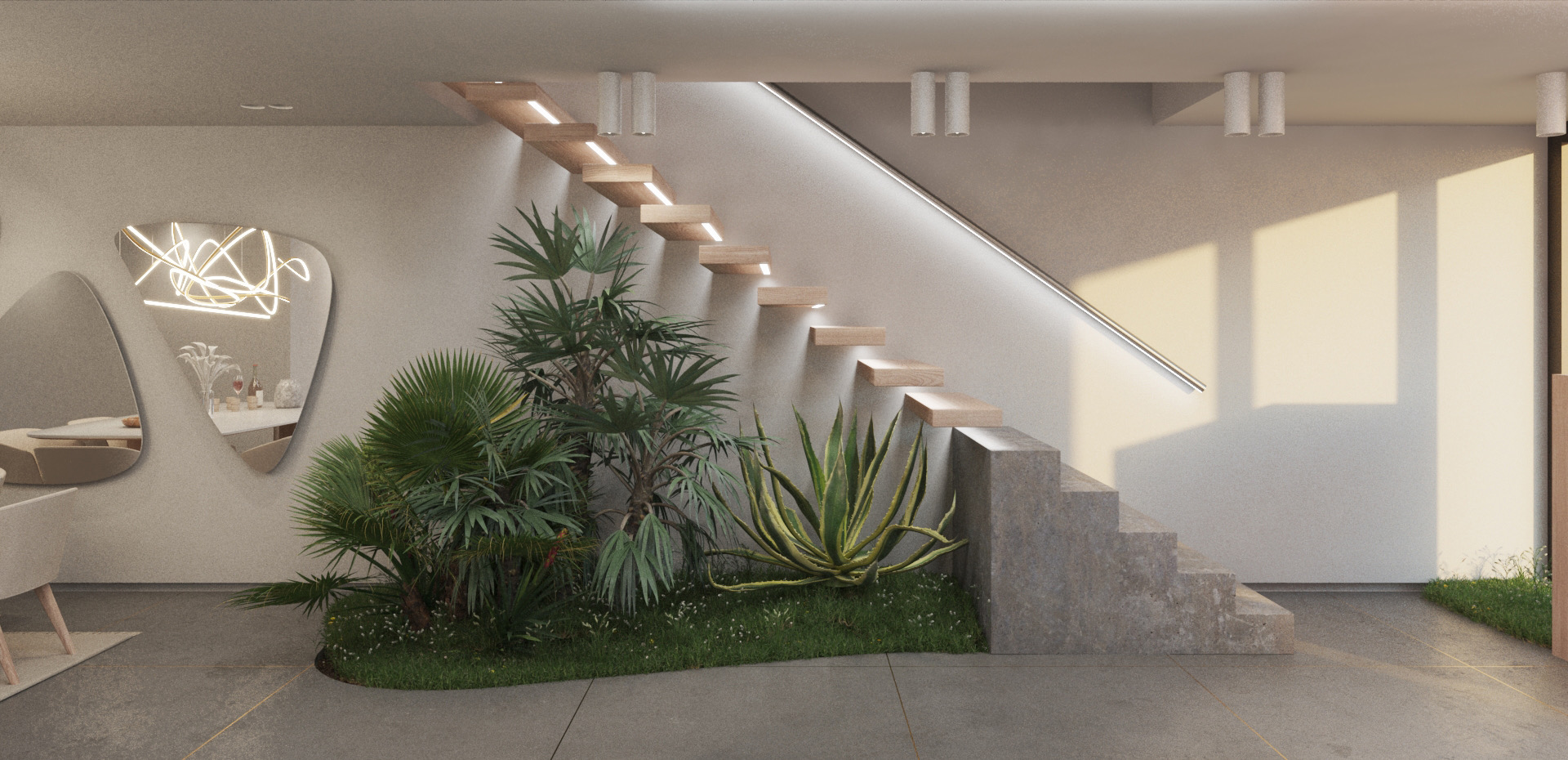 Floating stair with indoor planter and natural light — render
